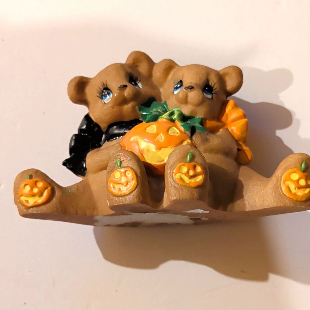Halloween Teddy Bear Pumpkin Figurine, Painted Textured Resin, Small 5in